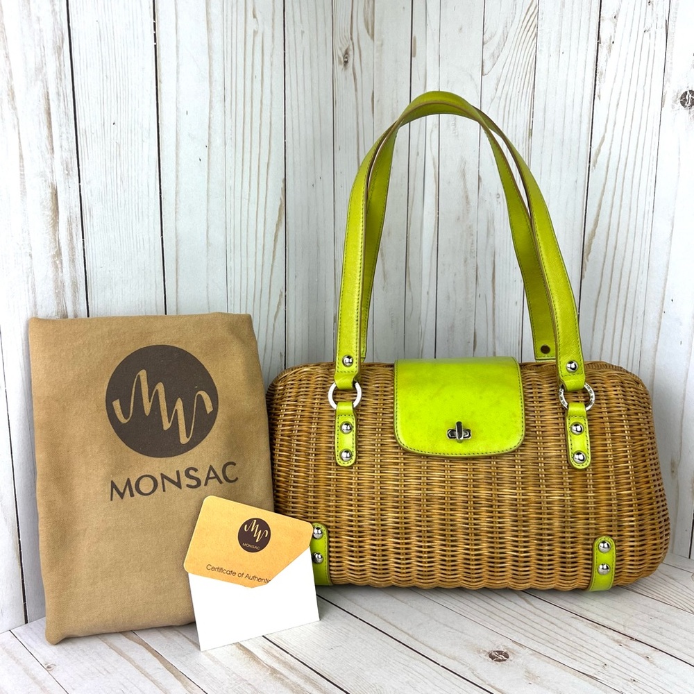 Monsac Original vintage wicker basket handbag dust bag authenticity card
